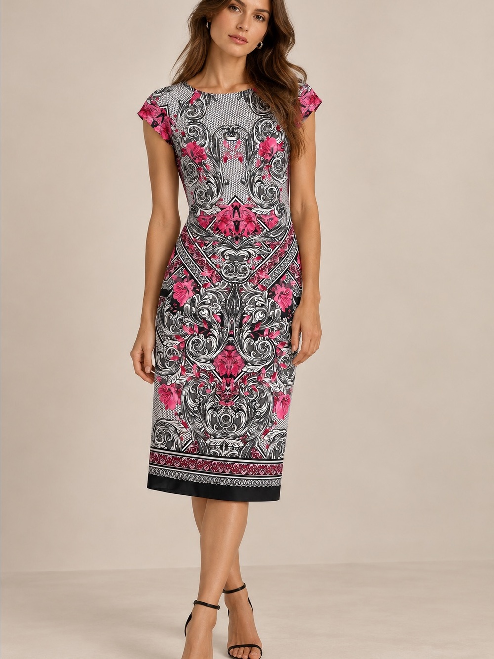 Beige by ECI Baroque Floral Print Sheath Pencil Dress in Pink and Black Size 4